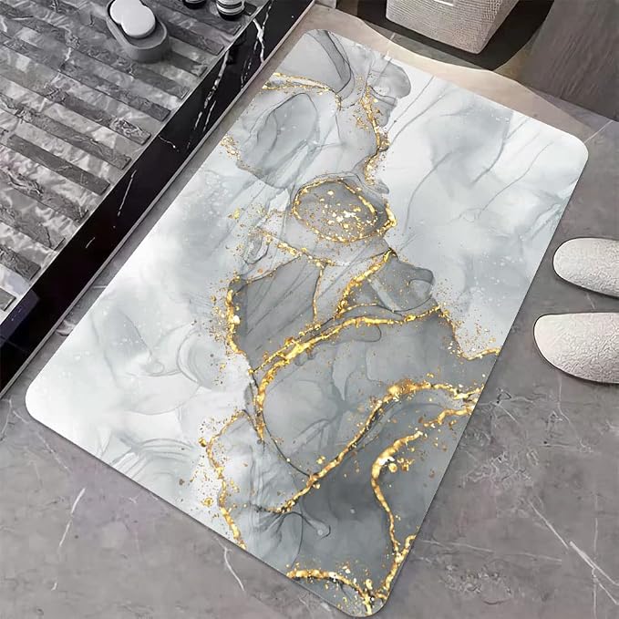 Diatomaceous Earth Bath Mat,Gold Grey Marble Non-Slip Volume Super Absorbent Fast Drying for Bathroom Kitchen Door mat,Eco-Friendly Easy to Clean 20×31Inch(50 * 80cm)