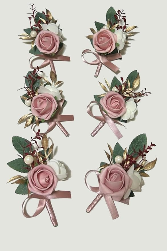 6PCS Pink Boutonniere for Men,Dusty Rose Boutonniere Pins for Men Groomsmen Guest Boutonniere, Artificial Flowers for Wedding Decor Prom Homecoming