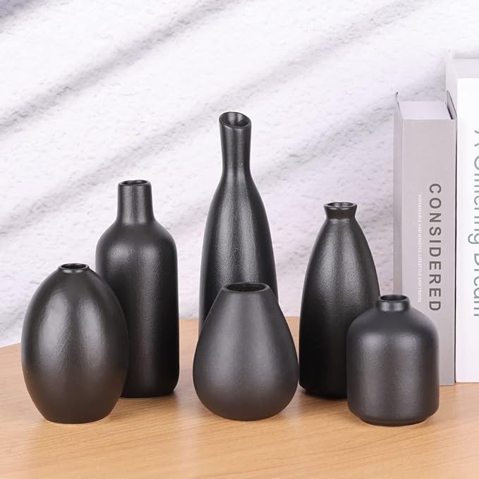 6 Pack Small Black Ceramic Bud Vases for Home Decor - Modern Boho Small Vases for Centerpieces in Bulk, Mini Flower Vases for Dry Flowers, Wedding, Table, and Party Decorations