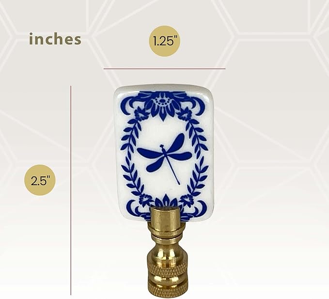 Royal Designs, Inc. Porcelain Dragonfly Finial for Lamp Shade, Polished Brass, Blue & White, Pack of 2