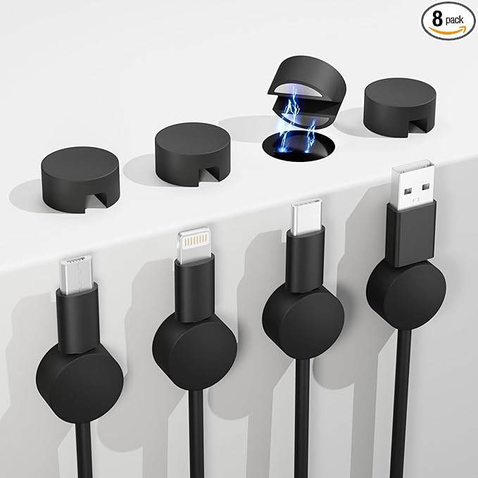 Roctee 8 Pack Magnetic Wire Clips, Magnet Cord Organizer Wire Management Cable Mounts, Charging Phone Cable Holder for Nightstand Desk Office Workspace Car Indoor Outdoor Christmas Wiring Decoration