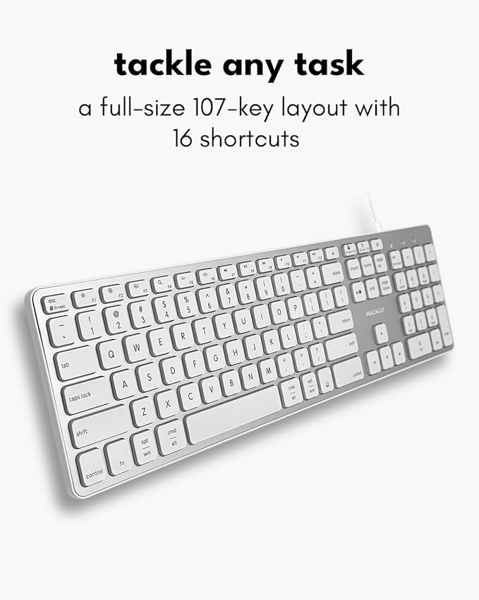 Macally Wired Keyboard for Mac with USB Hub (2X USB-A / 1x USB-C) - Compatible Backlit Apple Keyboard with Dual Interface - Auto OS Detection for Mac, MacBook, iMac, PC, Android, iPad, iOS - Silver