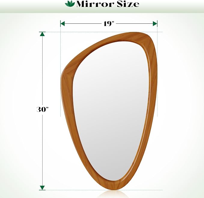 Asymmetrical Wall Mirror, 19x30 InchMid Century Modern Mirrors | Irregular Wall Mirror with Pine Wooden Frame for Living Room Bedroom Bathroom Entryway Hangs Horizontally or Vertically