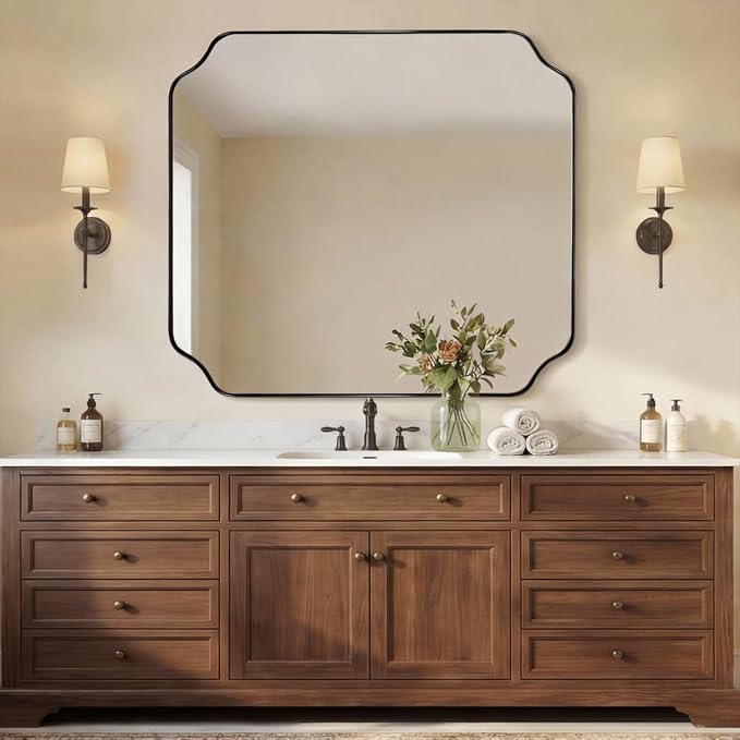 ANDY STAR 36x40 Inch Bathroom Mirror, Large Black Vanity Mirror for Wall, Modern Scalloped Mirror in Premium Stainless Steel Metal Thin Frame, Unique Rounded Notched Corners, Vertically/Horizontally