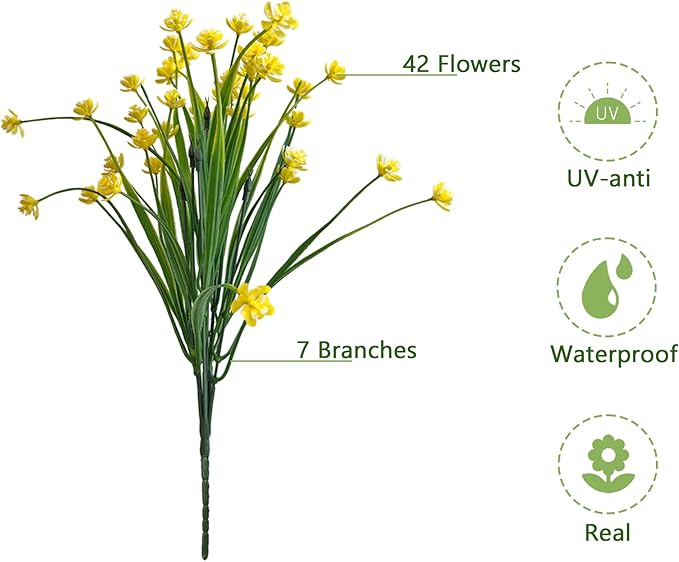Artificial Flowers Outdoors, 12 Bundles No Fade Fake Flowers UV-Anti Easy to Clean Faux Greenery Plants Faux Plastic Plants Garden for Indoor Outdoor Home Garden Decoration, Yellow