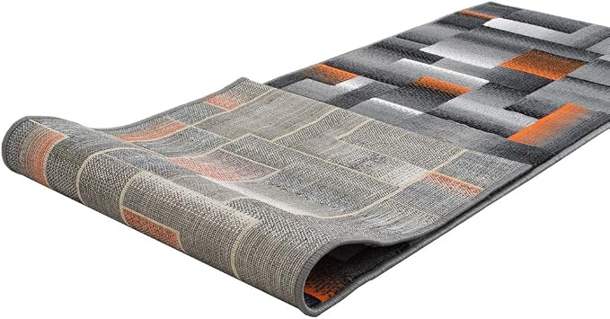 HR 2’ x 7’ Runner in Electric Orange - Premium Quality Orange/Black/Gray Abstract Geometric Modern Squares Pattern Area Rug - Contemporary Styling for Living Room, Bedroom - Unique Home Decor