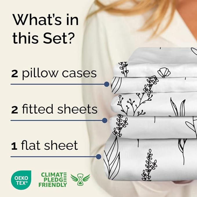 Floral Sheets - Black & White Floral Bed Sheet Set - 1 Flat, 2 Fitted & 2 Pillowcases w/ Deep Pockets - Wrinkle & Fade Free - Boho Botanical Bedding - Soft, Breathable & Cooling - Split King Size Set