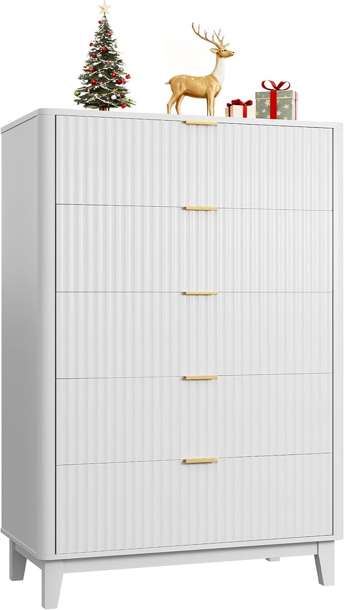 WLIVE Fluted Dresser for Bedroom with 5 Drawers, 46.26" Tall Wooden Dresser with Golden Metal Handles, Mid Century Modern Chest of Drawers for Living Room, Hallway, Closet, Solid White
