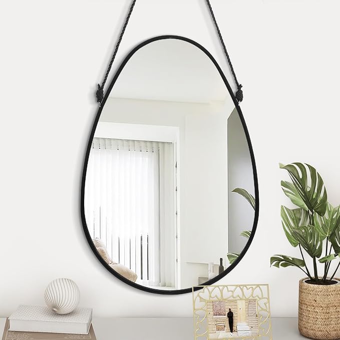 Irregular Wall Teardrop Shaped Hanging Mirror - Oval Wall-Mounted Mirror with Framed Mirror for Home - Bedroom, Bathroom, Living Room, Entryway, Hallway - 18x13 Inches Black
