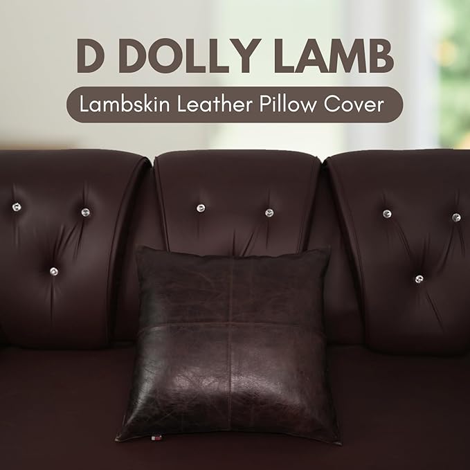 D DOLLY LAMB Lambskin Leather Pillow Cover - Sofa Cushion Case - Decorative Throw Covers for Living Room & Bedroom, 16x16 Inches - Dark Brown Crunch Plain Pack of 1