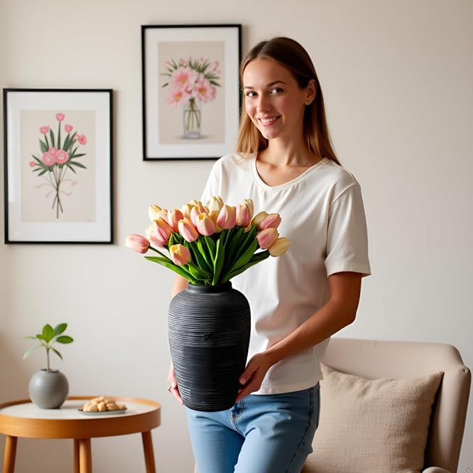 Large Ceramic Vase, 10.24 inch Minimalist Vase for Home Decor, Handmade Farmhouse Flower Vase for Table Centerpiece, Wedding, Living Room, Kitchen Decoration, Shelf Decor (Black)