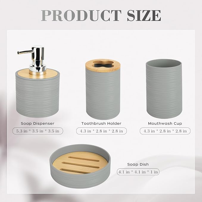4 PCS Grey Bathroom Accessories Set, Includes a Soap Dispenser, Toothbrush Holder, Soap Dish and Mouthwash Cup, Plastics & Bamboo Bathroom Set, Bohemian Style Bathroom Sink Set
