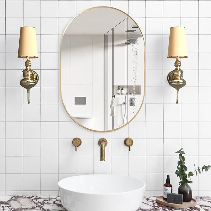 Oval Bathroom Mirror Capsule Wall Vanity Mirror, 24"x36" Pill Mirrors Wall Mounted Mirror, Large Modern Mirror with Gold Metal Frame, Decor for Entryway, Bedroom