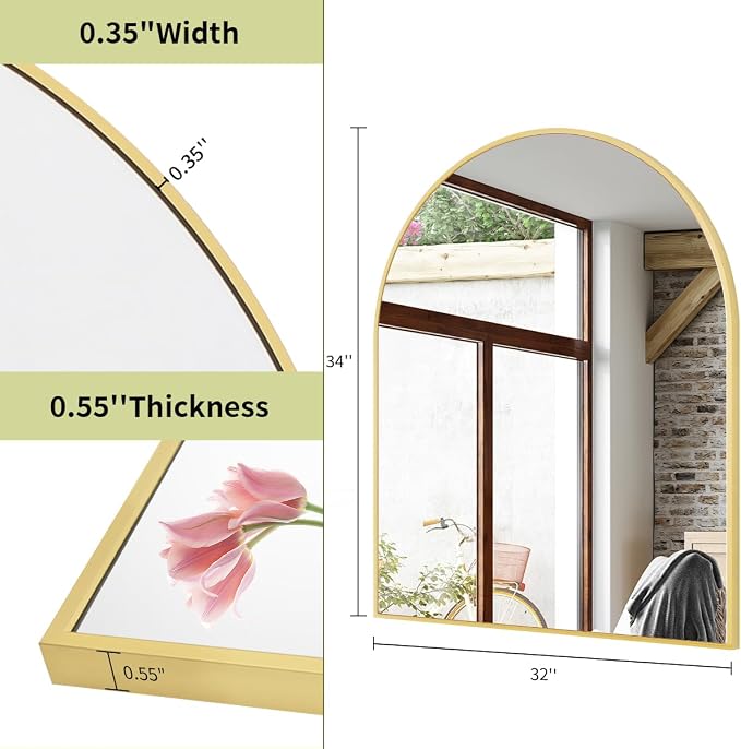 BEAUTYPEAK 32"x34" Arch Bathroom Mirror, Wall Mounted Vanity Metal Frame Mirror for Bedroom, Entryway, Living Room, Gold
