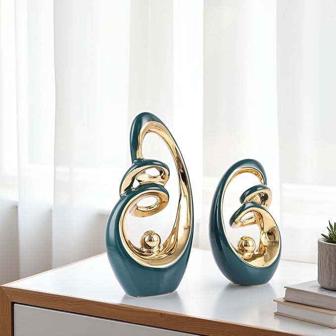 Teal Ceramic Abstract Sculpture Statue,Mid Century Modern Gold Accent Decor,Porcelain Statues Art Deco Gold Show Piece for Home - Contemporary Tv Stand End Table Centerpieces (Green Gold)