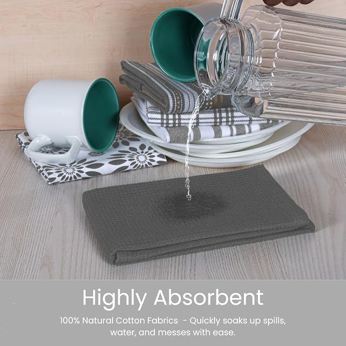 Assorted Kitchen Towels - Grey Kitchen Towels, Set of 5, 16x26 in - Absorbent 100% Cotton Dish Towels with Hanging Loop - Waffle Weave Tea Towels for Drying Dishes, Glassware & Counters