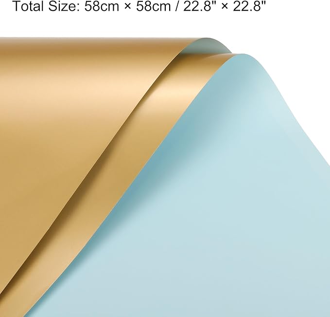 MECCANIXITY 20 Pcs Double Sided Color Flower Wrapping Paper Light Blue+Gold 22.8"x22.8" Waterproof for Florist Bouquet Supplies, DIY Crafts, Gift Box Packaging