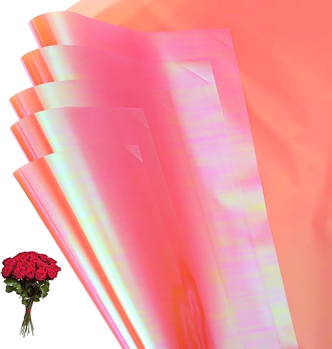 PATIKIL 22.8 x 22.8 Inch Flower Wrapping Paper, 20 Pcs Iridescent Double Sided Plastic Bouquet Packaging Waterproof Florist Supplies DIY Crafts Gift Packaging Gift Box Wedding, Lotus Pink