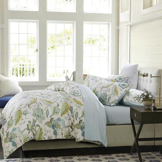 mixinni Cotton Print Paisley Duvet Cover for Queen Size Bed Green Floral Duvet Cover Set Reversible Design Blue Bedding Set 1 Duvet Cover 2 Pillowcases for Him and Her- (3pcs, Queen Size)