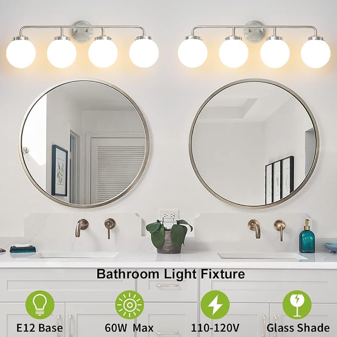 Bathroom Light Fixtures Over Mirror, Brushed Nickel Modern Vanity Lighting with Milk White Glass Globe Shades 4-Light Farmhouse Wall Sconce