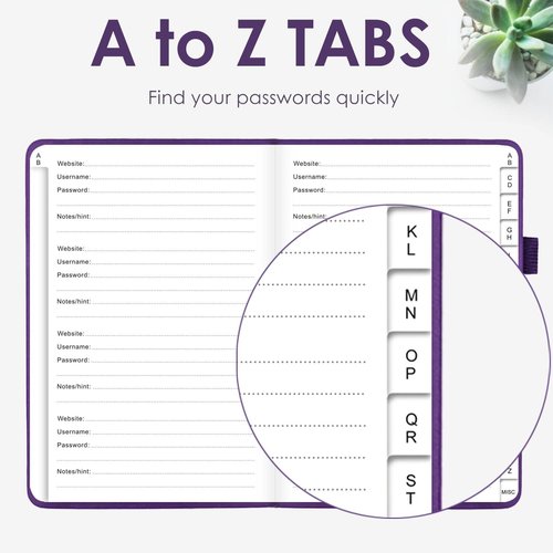 Elegant Password Book - Hardcover Organizer with Alphabetical Tabs & Notes Section | 5.2" x 7.6" (Purple)