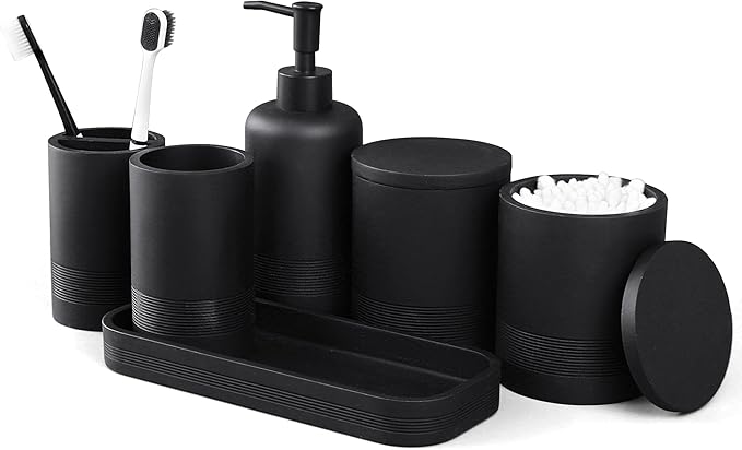 LIN CHUAN 6-Piece Bathroom Accessories Set, Organizer Set with Soap Dispenser, Toothbrush Holder Set, Vanity Tray, Tumbler & 2 Cotton Swab Jars – Modern Stylish Bathroom Storage(Matte Black)