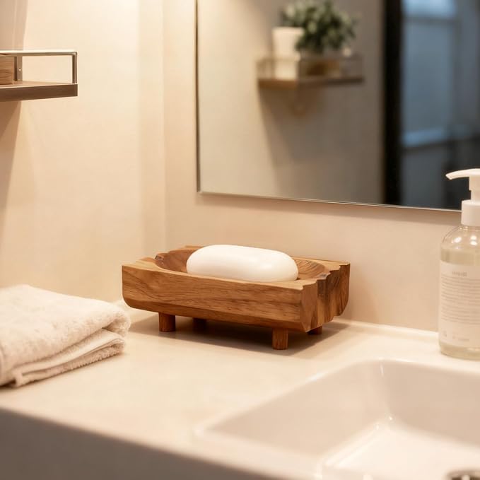 Natural Teak Wood Soap Holder, Automatic Draining Soap Tray with Drain Holes, Handmade Rustic Soap Dish & Countertop Soap Saver Stand for Bathroom and Kitchen