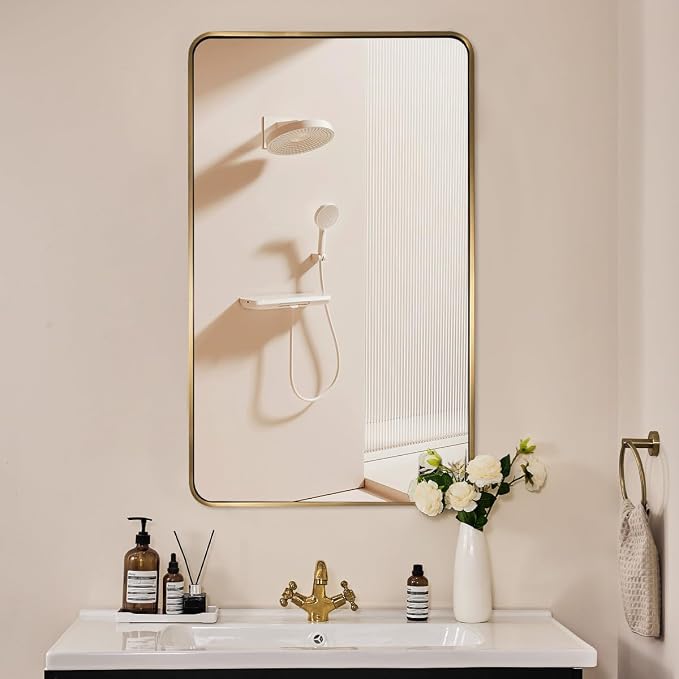 ANDY STAR 24x40 Inch Gold Bathroom Mirror, Rounded Rectangle Mirror, Brushed Brass Bathroom Vanity Mirror Oblong Tube Metal Framed, SUS304-Anti-Rust, Wall-Mounted Horizontal/Vertical 1’’ Deep