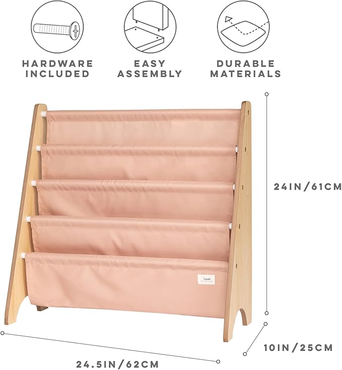 3 Sprouts Recycled Fabric Kids Bookshelf – 4-Tier Sling Book Rack Organizer - Nursery Room Playroom Classroom Wooden Book Shelves - Kid Bookcase Wood Storage Shelf for Toddler Age 3+ - Clay