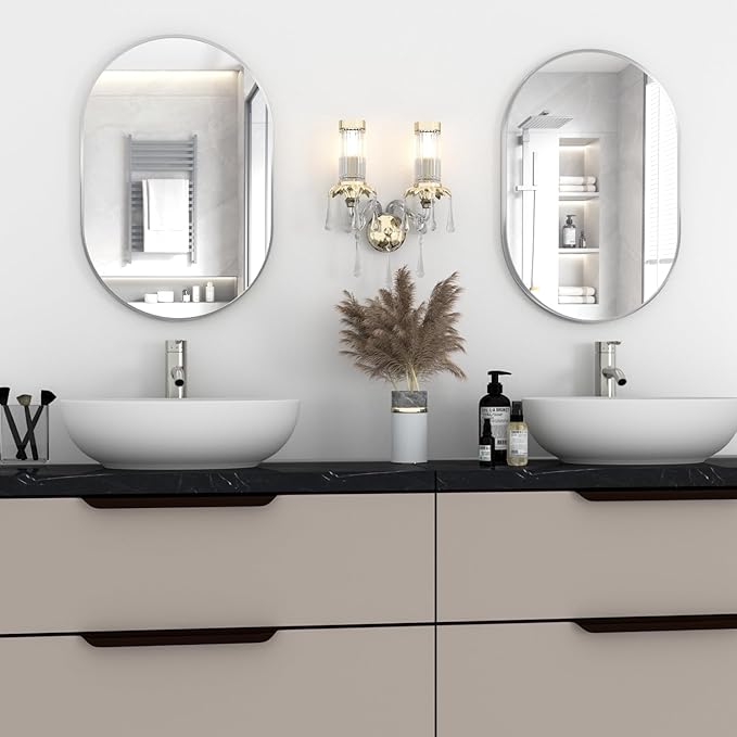 Oval Bathroom Mirror Capsule Wall Vanity Mirror, 24"x36" Pill Mirrors Wall Mounted Mirror, Large Modern Mirror with Silver Metal Frame, Decor for Entryway, Bedroom, Living Room