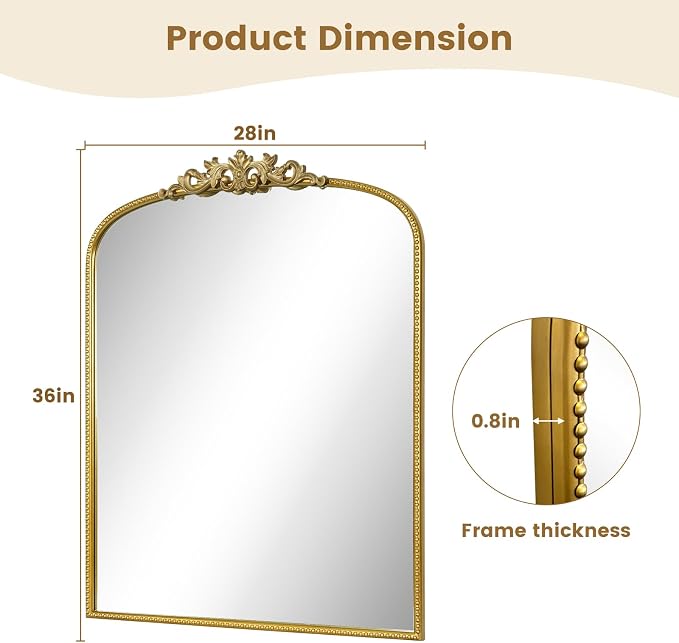 WallBeyond Gold Vintage Mirror for Vanity 28x36 Inch, Gold Antique Mirror with Ornate Frame, Arched Vintage Wall for Bathroom, Living Room, Fireplace, Entryway