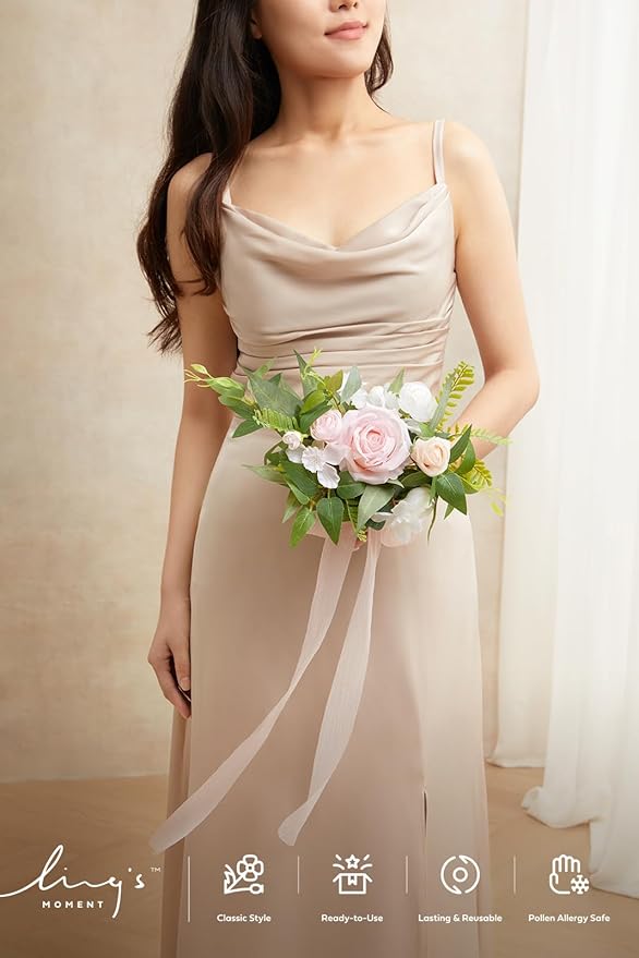Ling's moment Blush Pink & Cream Bridesmaid Bouquet, Wedding Bouquets for Bridesmaids, 7 Inch Bridal Bouquets for Bridesmaids, Wedding, Ceremony, Anniversary, etc.