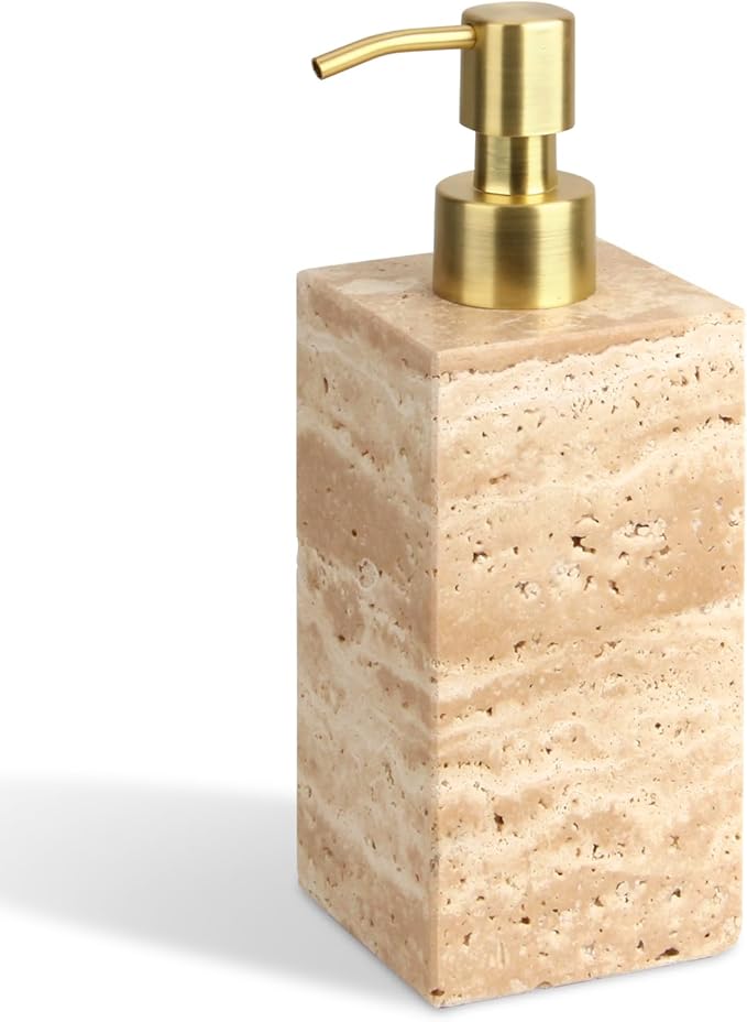 Natural Marble Soap Dispenser for Bathroom and Kitchen Countertop - 5.41 Ounces Hand Lotion and Liquid Stone Shampoo Laundry Bottle with Pump (1, Travertine, Rectangular Bottle)