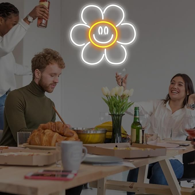 Daisy Smile Face Neon Sign, Sunflower LED Neon Light, Face Neon Signs for Wall Decor,Smile face Neon Signs for Bedroom Wall with Dimmable Switch for Children's Room,Bar, Party,Christmas,Wedding