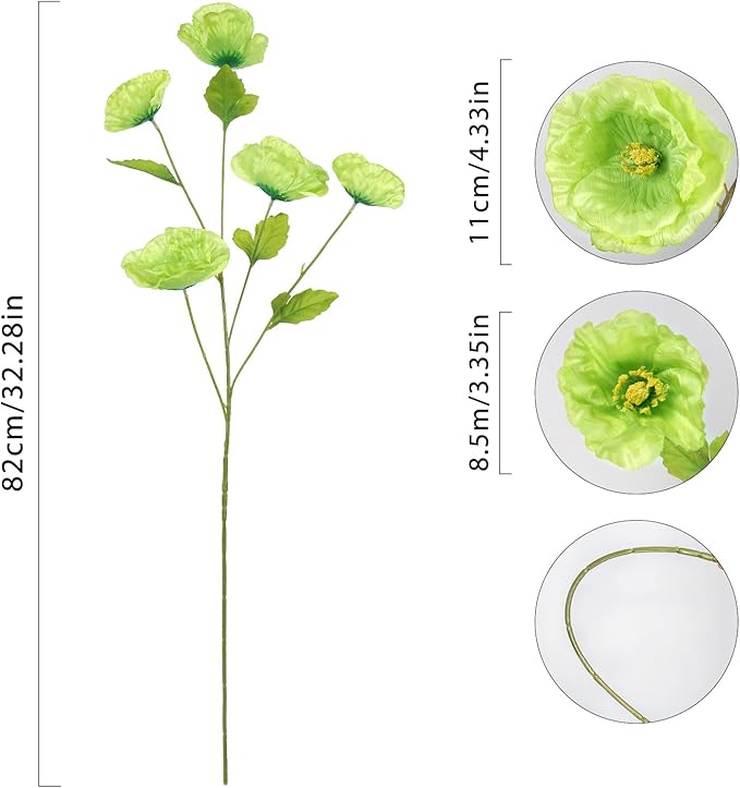 Poppies Flowers Artificial Silk Flowers 32in 6PCS Artificial Poppies Green Flowers for Wedding Home Party Table Centerpiece Arrangement Decoration (Green)
