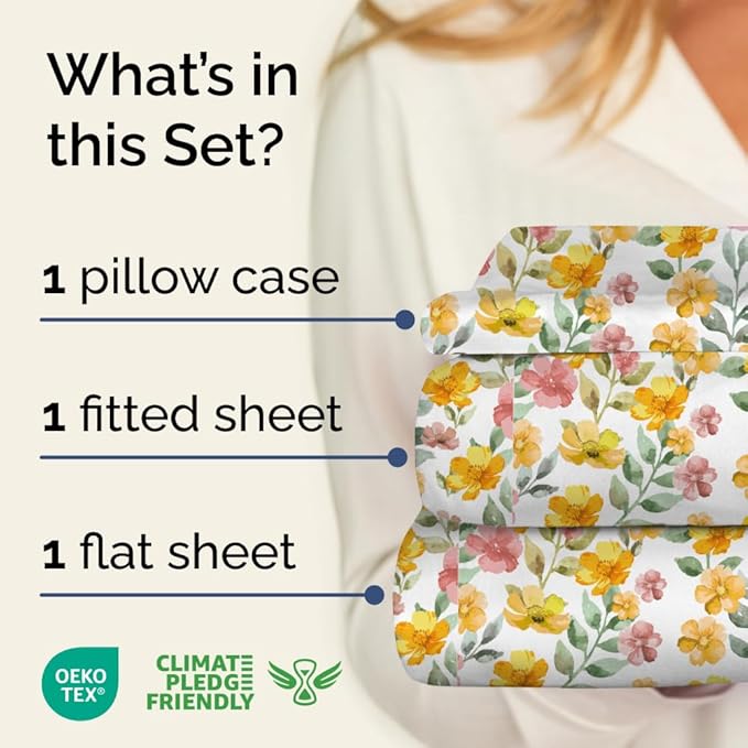Floral Sheets - Watercolor Floral Bed Sheet Set - 1 Flat, 1 Fitted & 1 Pillowcase w/ Deep Pockets - Comfy, Wrinkle & Fade Free Boho Botanical Bedding - Ultra-Soft, Breathable & Cooling - Twin Size New