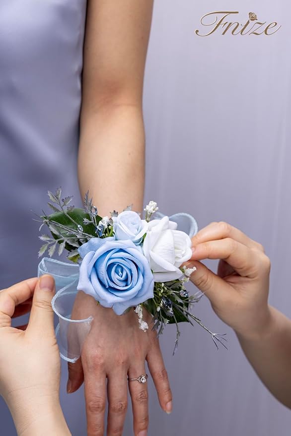 Fnize Blue Corsage and Boutonniere Set for Bride Groom Bridesmaids Groomsmen Wedding Homecoming Flowers Prom Suit Accessories, Rose Boutonniere and Wrist Corsage Flower