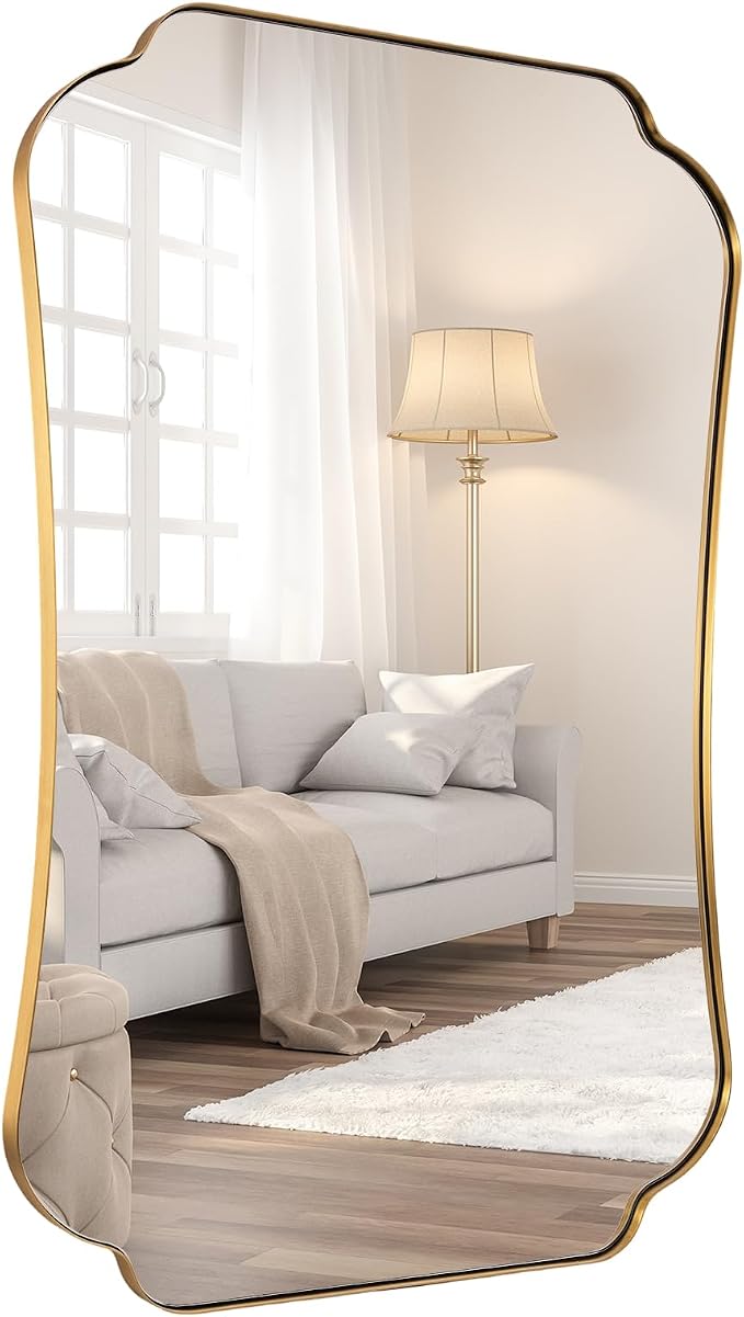 ANDY STAR 24"x40" Gold Mirror, Brushed Brass Scalloped Wall Mirror, Bathroom Wall Mirror with Stainless Steel Metal Framed Ideal for Bedroom, Hallway