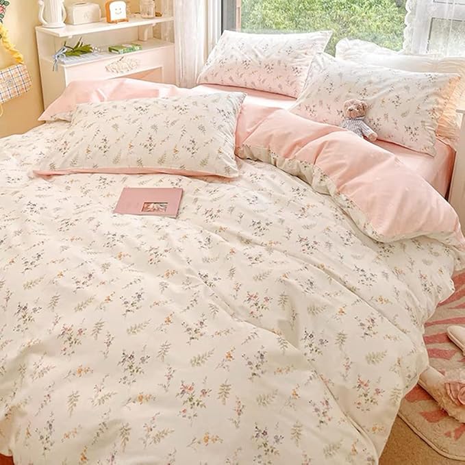 Nayoroom Pink Floral Duvet Cover Full Size Green Botanical Leaf Printed on White Reversible Coquette Bedding Set 3 Pcs Soft Microfiber Spring Cottagecore Comforter Cover with Zipper Closure
