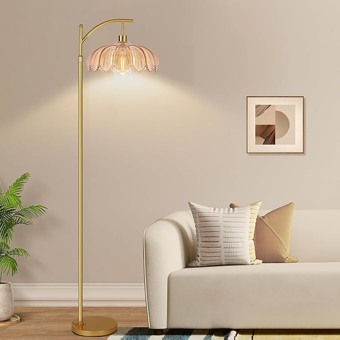 Vintage Floor Lamps for Living Room Glass Floor Lamp with Remote Control & 3 Color Temperature,Dimmable Floor Lamp Gold Mid Century Modern Standing Lamp Brass Tall Floor Lamps for Bedroom Corner