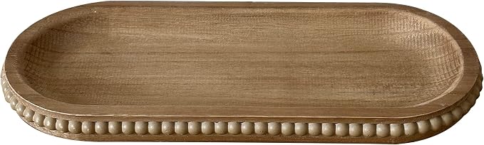 dwellington Wooden Farmhouse Decorative Tray, 11.8in Rustic Beaded Tray for Living Room Decor, Kitchen Table Décor, Oval Coffee Table Serving Tray (Natural)