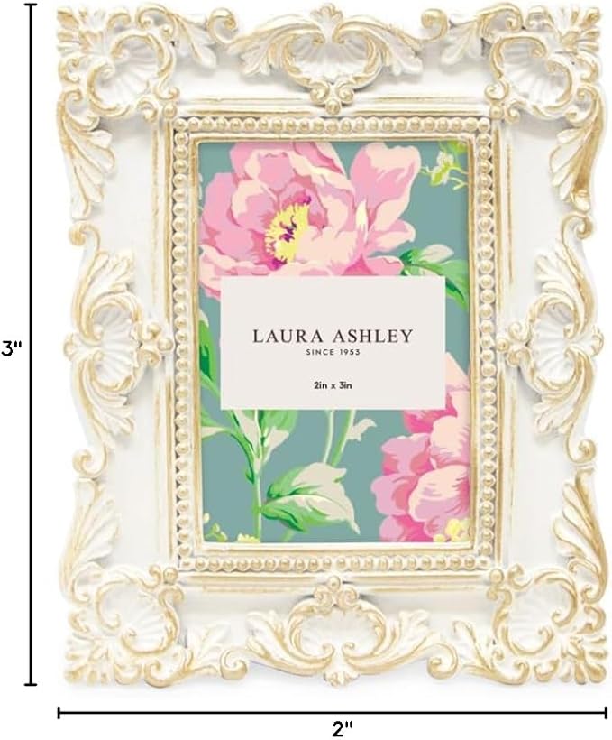 Laura Ashley 2x3 White W/ Gold Ornate Textured Hand-Crafted Resin Picture Frame with Easel, for Tabletop & Wall Display, Decorative Floral Design Home Décor, Art & More (2x3, White W/ Gold)