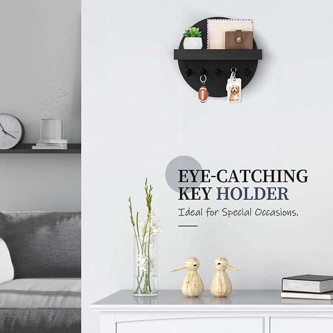 Nekon Key Holder Wall Mount, Key and Mail Organizer for Wall, 9.8 Inch Round Wooden Rustic Wall Organizer for Entryway, Hallway, Kitchen, Office (Black)