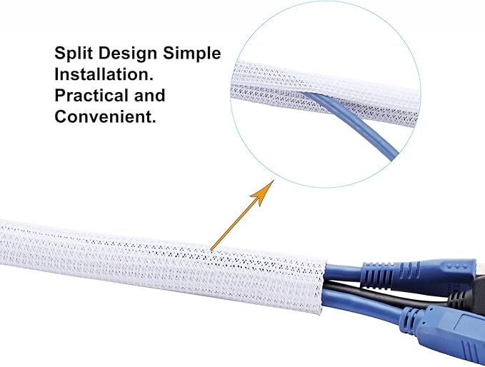 50ft 1 Inch White Cable Sleeve – Split Wire Loom Tubing Cord Protector – Flame Retardant Polyester Cable Management Wrap for Desk, TV, PC – Pet Chew Resistant & Easy to Cut