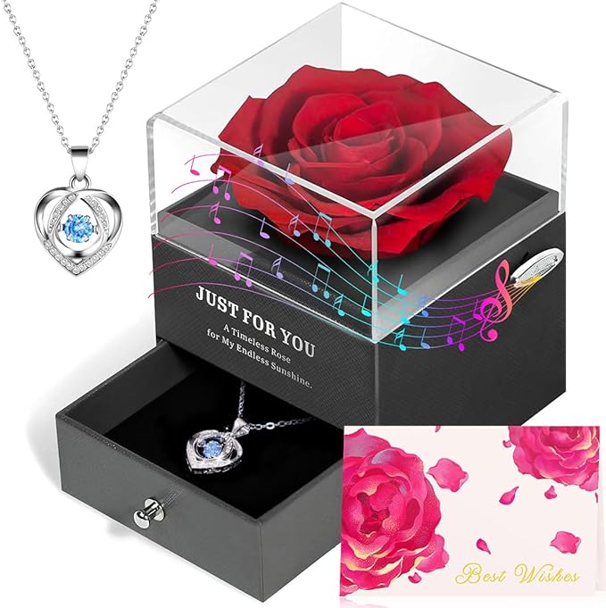 ADDWel Eternal Rose Gifts for Her - Preserved Rose with Silver Heart Pendant Necklace for Wife Girlfriend Mom | You are My Sunshine Music Box for Women - Perfect on Valentines, Birthday, Anniversary