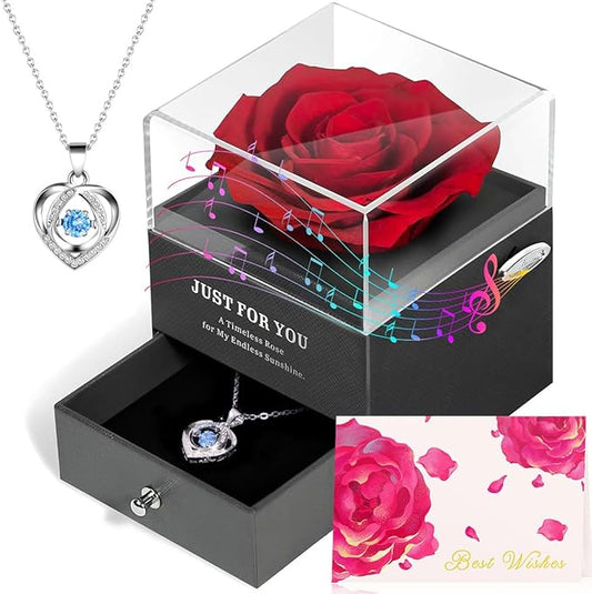 ADDWel Eternal Rose Gifts for Her - Preserved Rose with Silver Heart Pendant Necklace for Wife Girlfriend Mom | You are My Sunshine Music Box for Women - Perfect on Valentines, Birthday, Anniversary