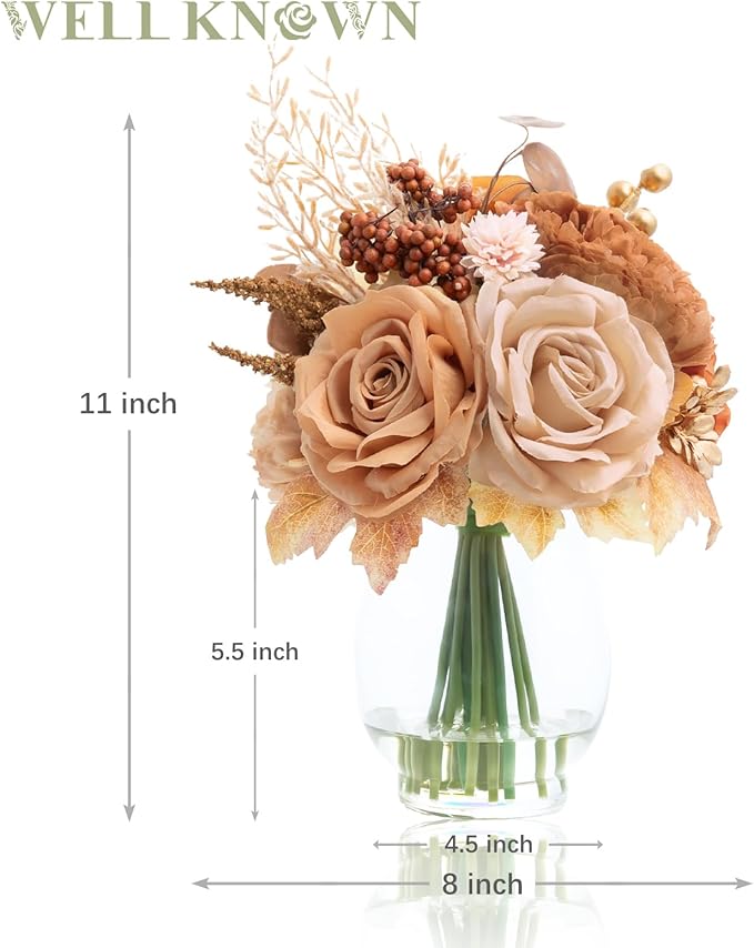 Artificial Flowers in Vase with Fake Water, Fake Terracotta Coffee Earth Tone Silk Rose Gold Berry Flowers Arrangement for Winter Home Decor Dining Table Centerpiece Wedding Christmas Party Gift