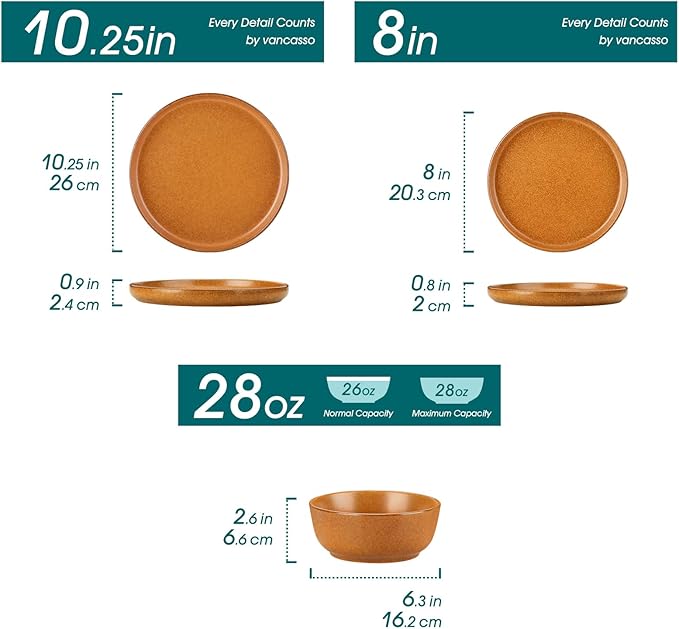 vancasso Plates and Bowls Sets, 24 Pieces Stoneware Dinnerware Set for 8, Ceramic Dish Set for Kitchen, Microwave and Dishwasher Safe, Caramel Yellow, Series ZERMATT