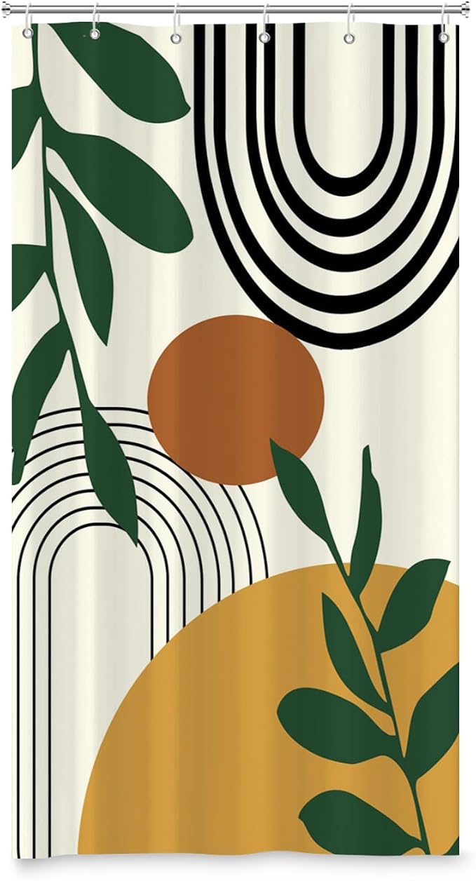Boho Geometric Shower Curtain Beige Mid Century Abstract Arch Curve Bathroom Curtain Minimalistic Sun Shower Curtain Sets for Bathroom Extra Long 54x72 in with 10 Hooks