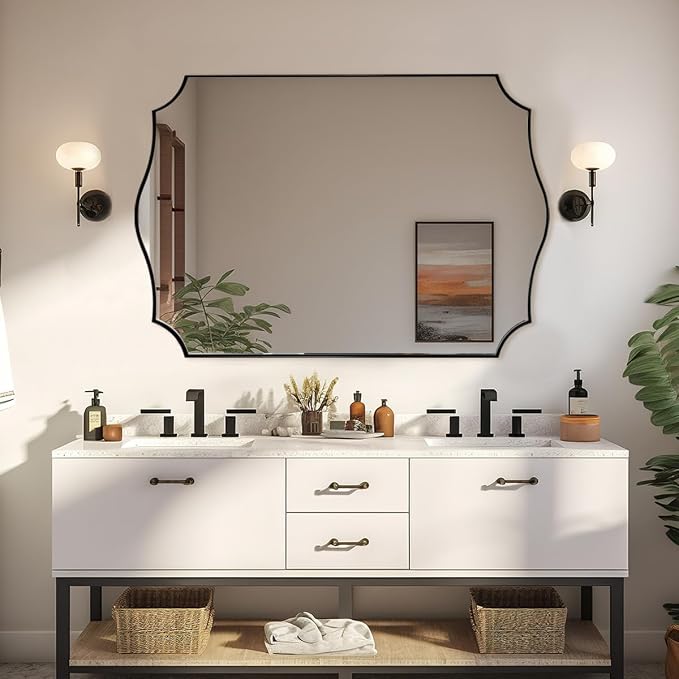 ANDY STAR Matte Black Mirror, 24x36 Inch Scalloped Bathroom Mirror, Unique Wavy Rectangle Mirror in Stainless Steel Metal 1” Frame, Wall Mount Vertical or Horizontal
